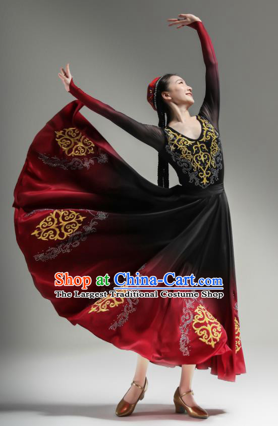 Chinese Uighur Nationality Dance Clothing Xinjiang Dance Costumes Ethnic Woman Garments Uyghur Minority Performance Red Dress Outfits