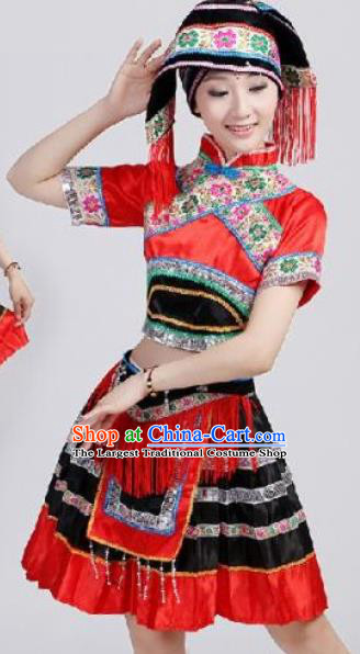 Chinese Guangxi Nationality Clothing Woman Festival Dance Garments Zhuang Minority Folk Dance Red Dress Ethnic Stage Performance Outfits
