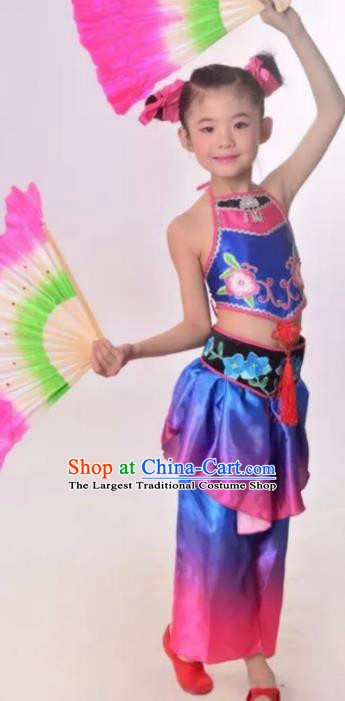 Chinese Jiaozhou Yangko Dance Clothing Children Group Performance Garments Folk Dance Blue Outfits Fan Dance Costumes