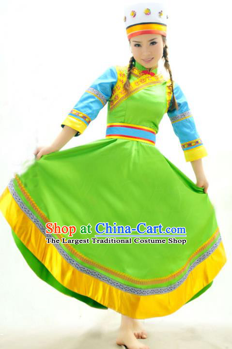 Chinese Daur Nationality Clothing Daghur Festival Dance Garments Inner Mongolia Minority Folk Dance Green Dress Ethnic Woman Outfits