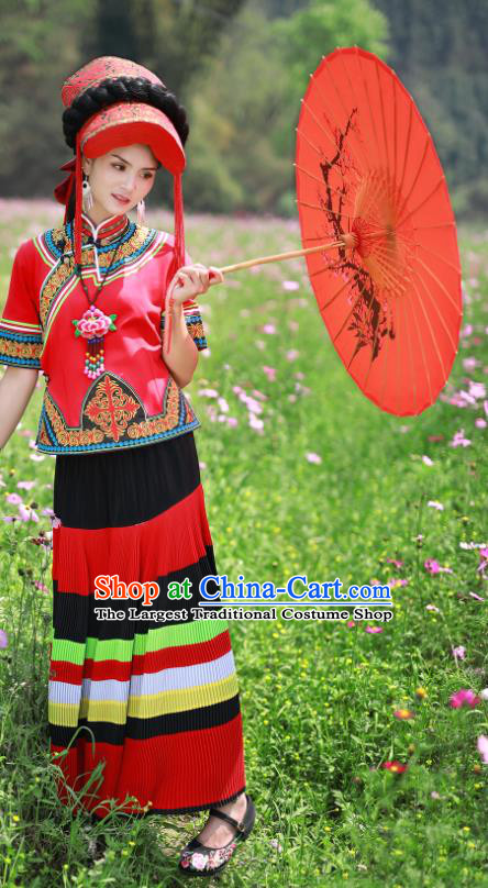 Chinese Yi Nationality Woman Clothing Da Liangshan Festival Dance Garments Bouyei Minority Folk Dance Red Dress Ethnic Performance Outfits