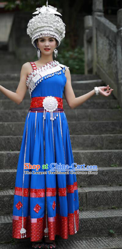 Chinese Miao Minority Folk Dance Blue Dress Guizhou Ethnic Festival Performance Outfits Hmong Nationality Woman Clothing