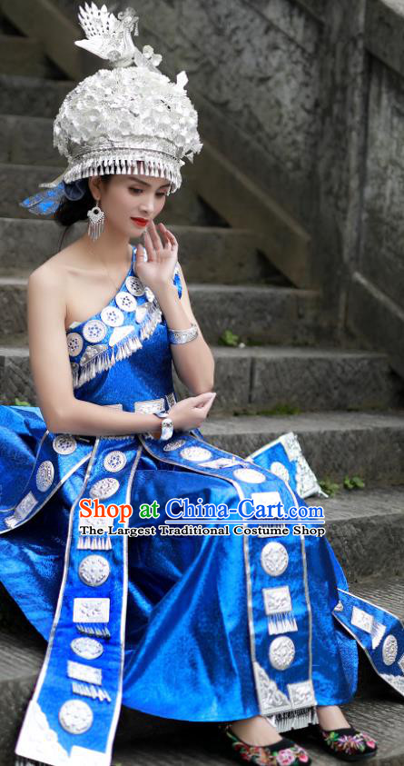 Chinese Zhuang Nationality Woman Clothing Miao Minority Folk Dance Blue Dress Guangxi Ethnic Festival Performance Outfits