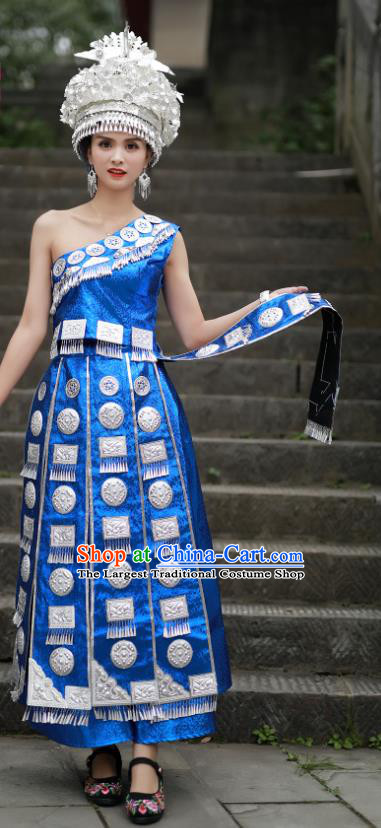 Chinese Zhuang Nationality Woman Clothing Miao Minority Folk Dance Blue Dress Guangxi Ethnic Festival Performance Outfits