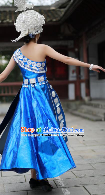 Chinese Zhuang Nationality Woman Clothing Miao Minority Folk Dance Blue Dress Guangxi Ethnic Festival Performance Outfits