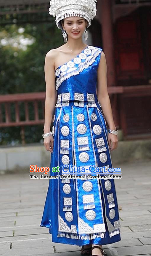Chinese Zhuang Nationality Woman Clothing Miao Minority Folk Dance Blue Dress Guangxi Ethnic Festival Performance Outfits