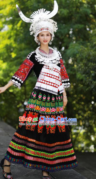 Chinese Guizhou Ethnic Festival Performance Outfits Miao Nationality Bride Wedding Clothing Hmong Minority Folk Dance Black Dress