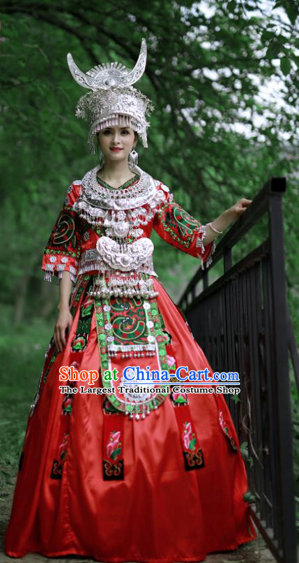 Chinese Hmong Minority Folk Dance Red Dress Guizhou Ethnic Festival Performance Outfits Miao Nationality Bride Wedding Clothing