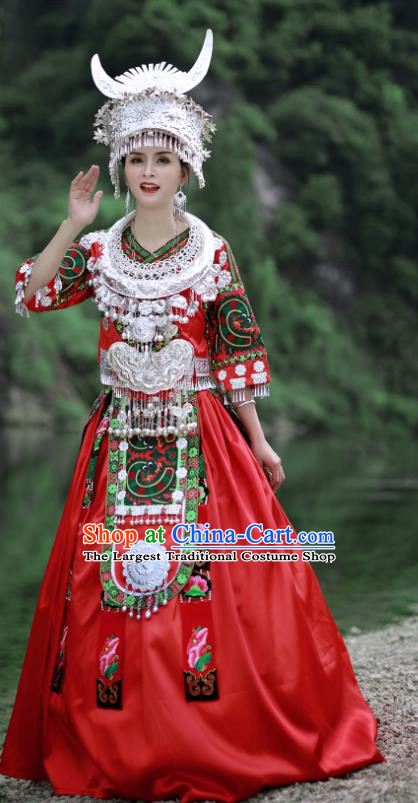 Chinese Hmong Minority Folk Dance Red Dress Guizhou Ethnic Festival Performance Outfits Miao Nationality Bride Wedding Clothing
