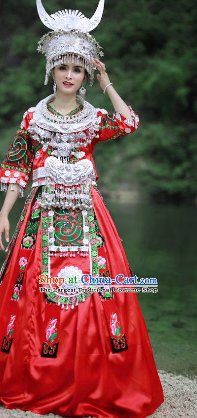 Chinese Hmong Minority Folk Dance Red Dress Guizhou Ethnic Festival Performance Outfits Miao Nationality Bride Wedding Clothing