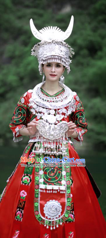 Chinese Hmong Minority Folk Dance Red Dress Guizhou Ethnic Festival Performance Outfits Miao Nationality Bride Wedding Clothing