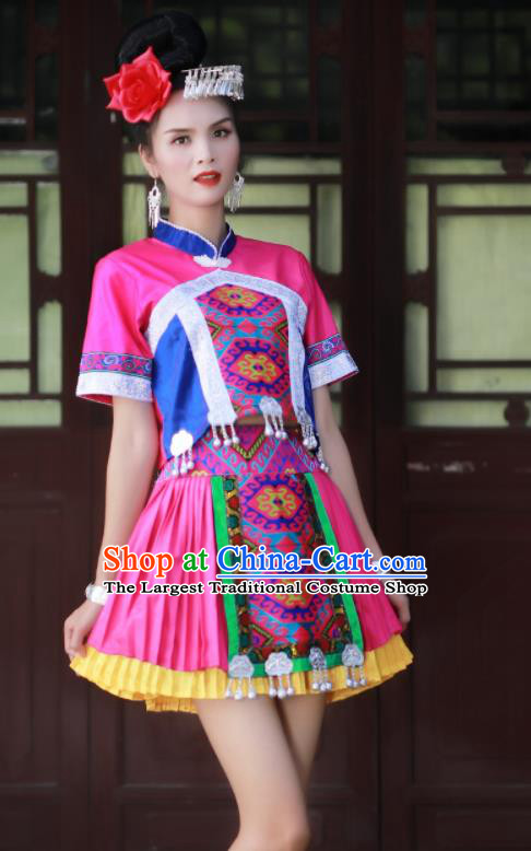Chinese Miao Nationality Folk Dance Clothing Hmong Minority Female Short Dress Guizhou Ethnic Festival Performance Rosy Outfits