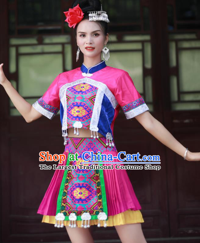 Chinese Miao Nationality Folk Dance Clothing Hmong Minority Female Short Dress Guizhou Ethnic Festival Performance Rosy Outfits