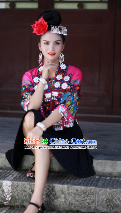 Chinese Xiangxi Ethnic Festival Performance Embroidered Outfits Miao Nationality Folk Dance Clothing Hmong Minority Female Short Dress