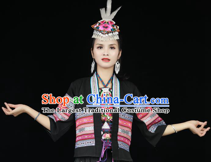 Chinese Hmong Minority Female Short Dress Xiangxi Ethnic Festival Performance Black Outfits Miao Nationality Folk Dance Clothing