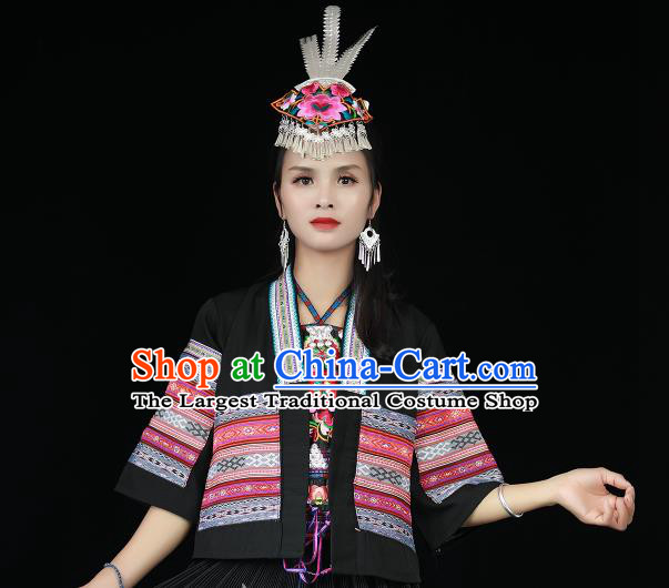 Chinese Hmong Minority Female Short Dress Xiangxi Ethnic Festival Performance Black Outfits Miao Nationality Folk Dance Clothing