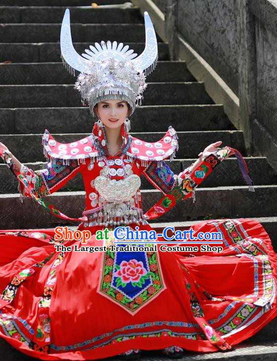 Chinese Xiangxi Ethnic Festival Outfits Miao Nationality Wedding Bride Clothing Hmong Minority Stage Performance Red Dress