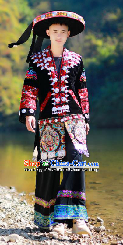 China Yao Minority Wedding Bridegroom Costumes Yi Nationality Male Dance Clothing Xiangxi Ethnic Stage Performance Suits