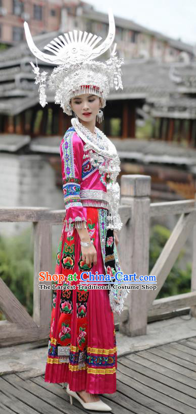 Chinese Miao Nationality Wedding Bride Clothing Hmong Minority Stage Performance Rosy Dress Xiangxi Ethnic Festival Outfits and Headpieces