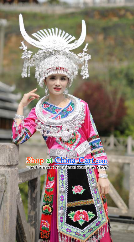 Chinese Miao Nationality Wedding Bride Clothing Hmong Minority Stage Performance Rosy Dress Xiangxi Ethnic Festival Outfits and Headpieces