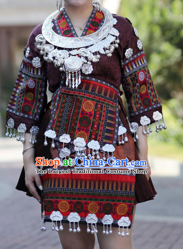 Chinese Dong Ethnic Festival Outfits Miao Nationality Wedding Bride Clothing Guizhou Minority Stage Performance Brown Short Dress