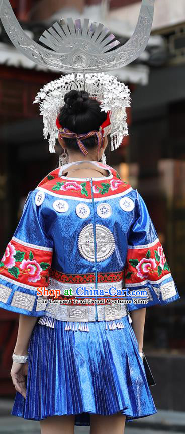 Chinese Guizhou Minority Stage Performance Blue Short Dress Dong Ethnic Festival Outfits Miao Nationality Folk Dance Clothing