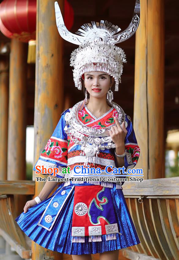 Chinese Guizhou Minority Stage Performance Blue Short Dress Dong Ethnic Festival Outfits Miao Nationality Folk Dance Clothing