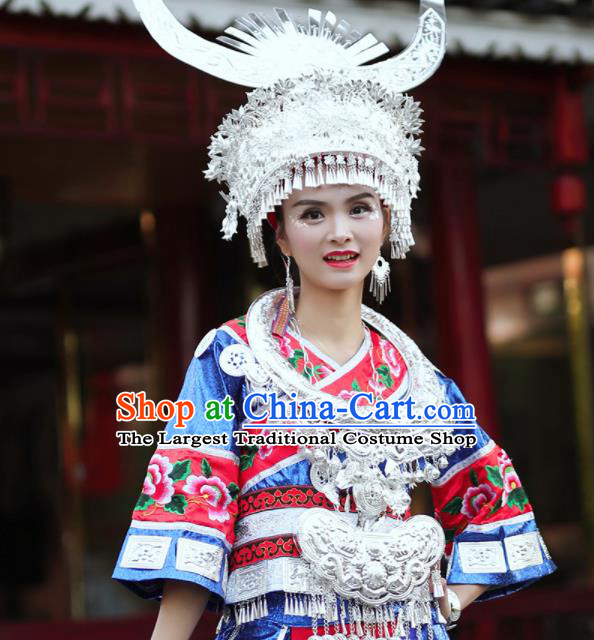 Chinese Guizhou Minority Stage Performance Blue Short Dress Dong Ethnic Festival Outfits Miao Nationality Folk Dance Clothing