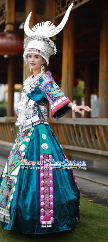 Chinese Ethnic Performance Outfits Hmong Nationality Woman Clothing Guizhou Festival Dance Garments Miao Minority Folk Dance Blue Dress and Headdress