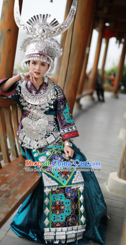 Chinese Ethnic Performance Outfits Hmong Nationality Woman Clothing Guizhou Festival Dance Garments Miao Minority Folk Dance Blue Dress and Headdress