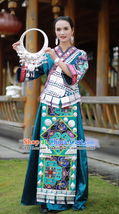 Chinese Ethnic Performance Outfits Hmong Nationality Woman Clothing Guizhou Festival Dance Garments Miao Minority Folk Dance Blue Dress and Headdress