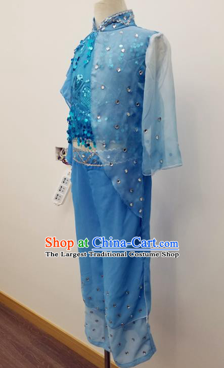 China Children Stage Performance Blue Suits Fan Dance Outfits Yangko Dance Costumes Kids Folk Dance Clothing