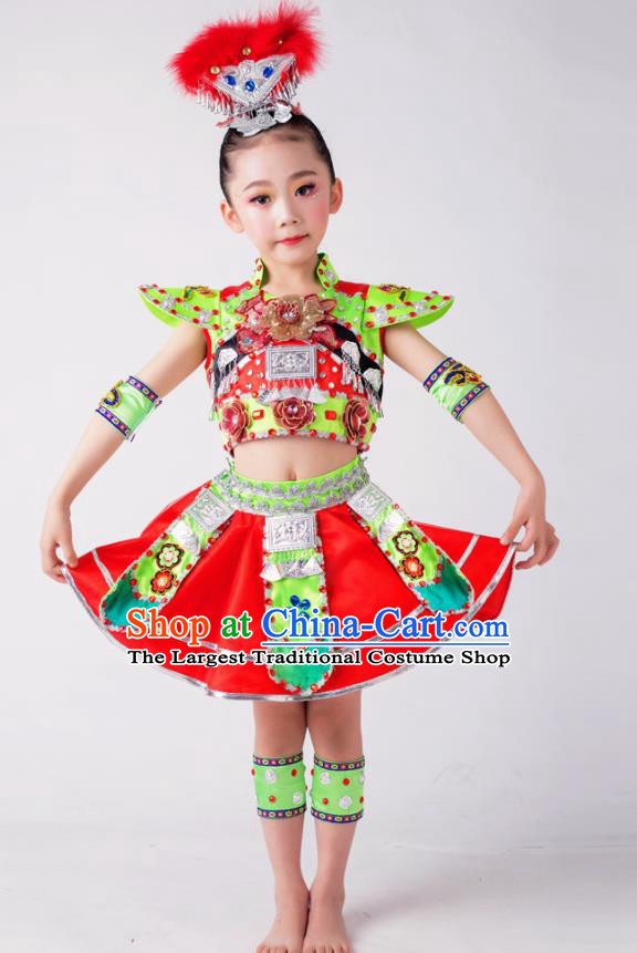 China She Minority Kids Dance Red Dress Uniforms Yi Nationality Girl Apparels Ethnic Children Performance Costumes