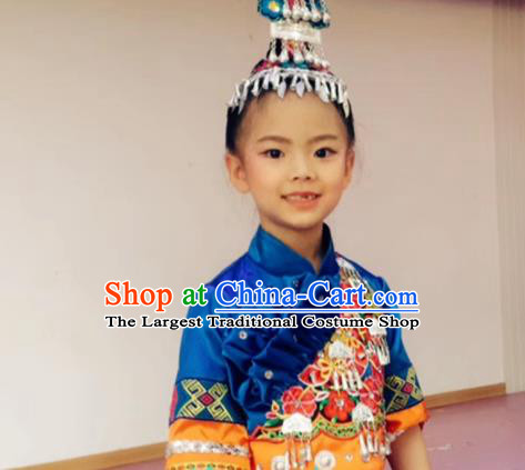 China Ethnic Children Performance Costumes She Minority Kids Dance Dress Uniforms Yi Nationality Girl Apparels and Hair Accessories