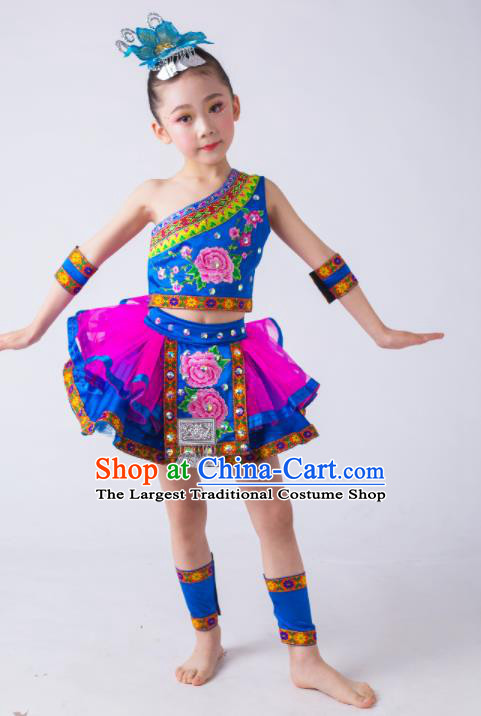 China Yi Nationality Girl Apparels Ethnic Children Performance Costumes She Minority Kids Dance Blue Dress Uniforms