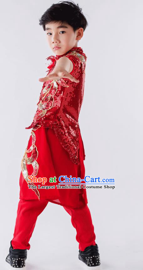 China Yangko Dance Costumes Boys Folk Dance Clothing Children Stage Performance Red Suits Drum Dance Outfits