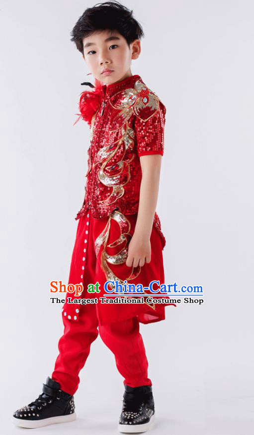 China Yangko Dance Costumes Boys Folk Dance Clothing Children Stage Performance Red Suits Drum Dance Outfits