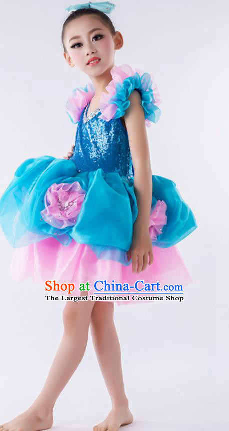 China Modern Dance Fashion Chorus Performance Costume Girl Dance Clothing Children Compere Blue Dress