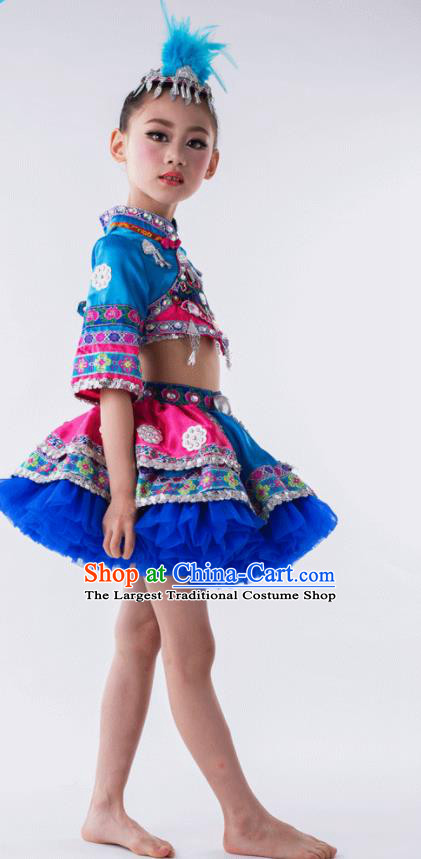 China Ethnic Children Performance Costumes She Minority Kids Dance Blue Dress Uniforms Yi Nationality Girl Apparels