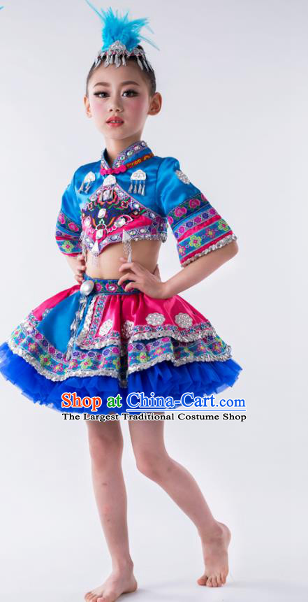 China Ethnic Children Performance Costumes She Minority Kids Dance Blue Dress Uniforms Yi Nationality Girl Apparels