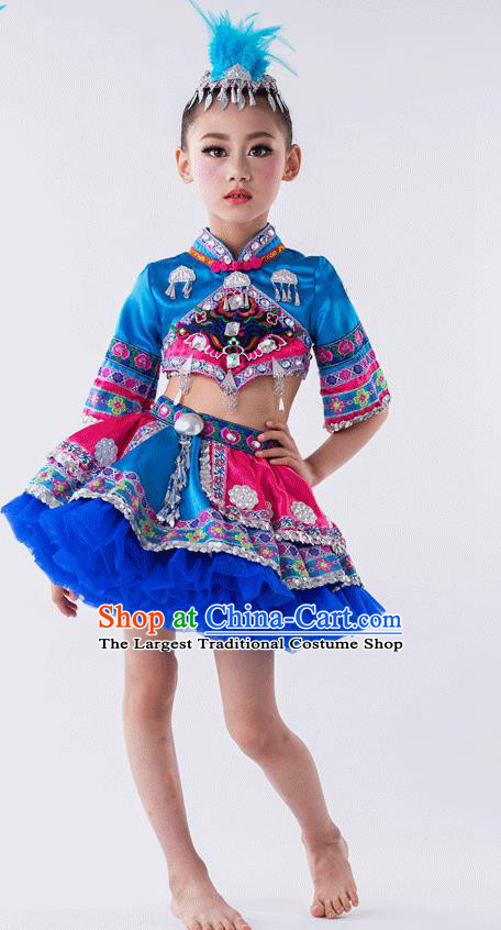 China Ethnic Children Performance Costumes She Minority Kids Dance Blue Dress Uniforms Yi Nationality Girl Apparels