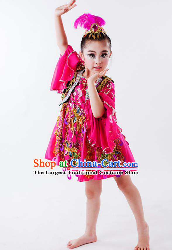 China Uyghur Nationality Girl Apparels Xinjiang Ethnic Children Performance Costumes Uighur Minority Kids Dance Rosy Dress Uniforms