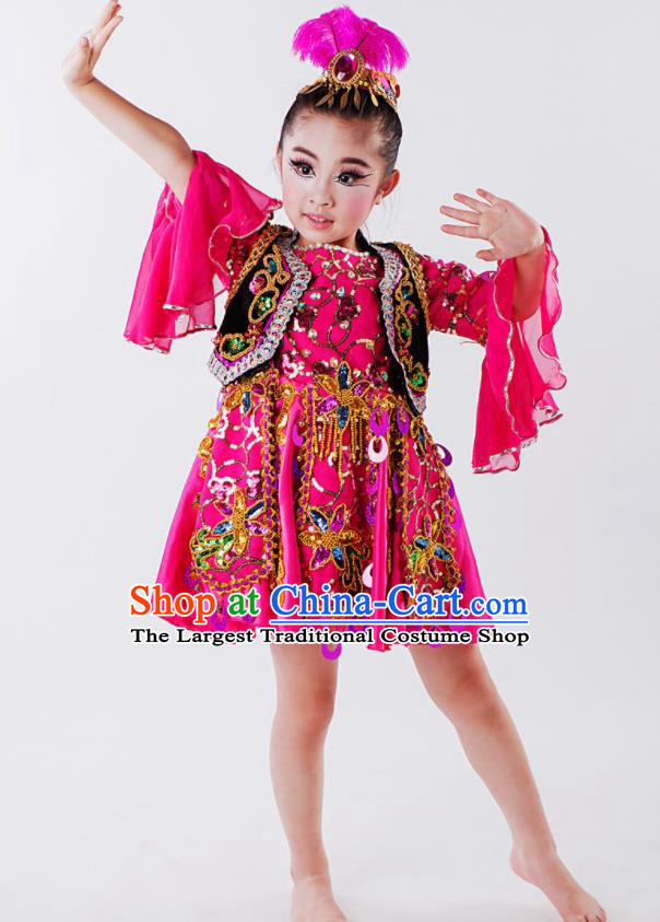 China Uyghur Nationality Girl Apparels Xinjiang Ethnic Children Performance Costumes Uighur Minority Kids Dance Rosy Dress Uniforms