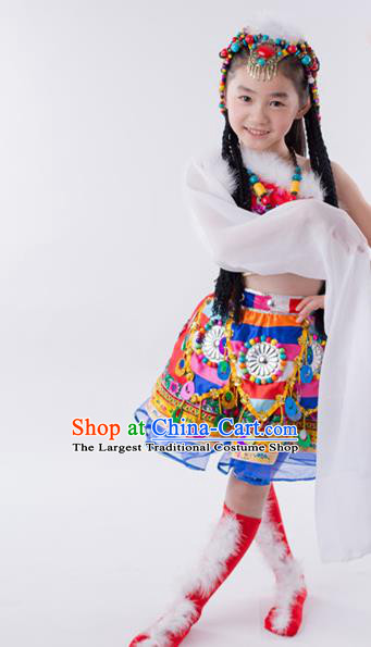 China Zang Minority Kids Dance Rosy Dress Uniforms Tibetan Nationality Girl Apparels Ethnic Children Performance Costumes