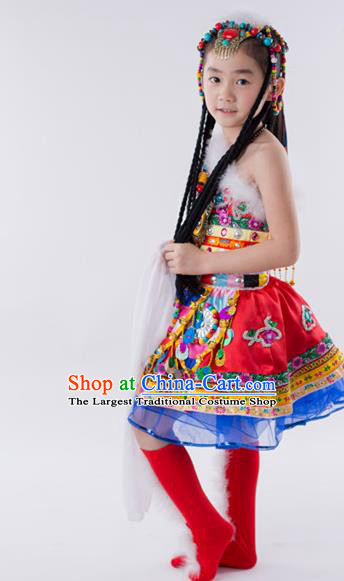 China Zang Minority Kids Dance Rosy Dress Uniforms Tibetan Nationality Girl Apparels Ethnic Children Performance Costumes