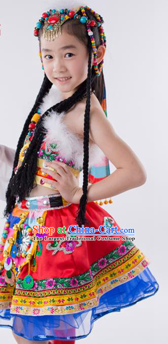 China Zang Minority Kids Dance Rosy Dress Uniforms Tibetan Nationality Girl Apparels Ethnic Children Performance Costumes