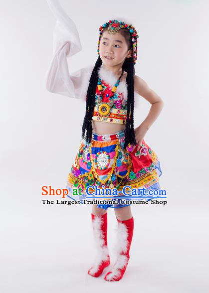 China Zang Minority Kids Dance Rosy Dress Uniforms Tibetan Nationality Girl Apparels Ethnic Children Performance Costumes