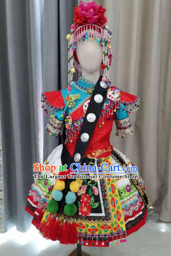 China Pumi Minority Kids Dance Dress Uniforms Lisu Nationality Girl Performance Apparels Ethnic Children Folk Dance Costumes