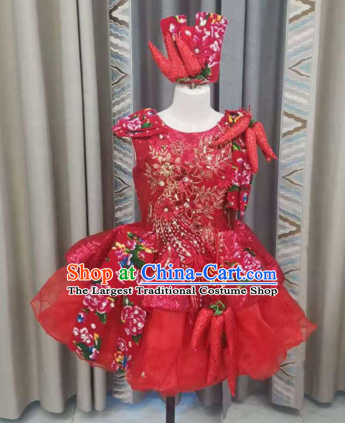 China Girl Dance Clothing Children Compere Red Dress Modern Dance Fashion Chorus Performance Costume