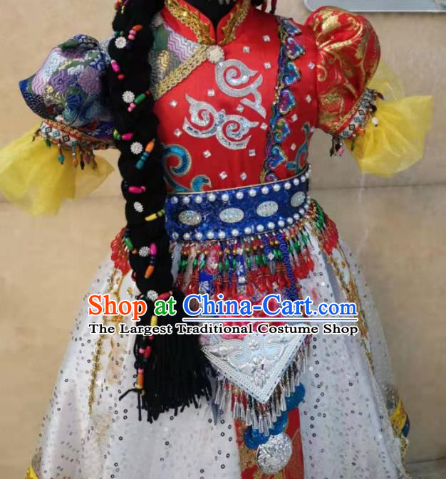 China Pumi Nationality Girl Performance Apparels Yunnan Ethnic Folk Dance Costumes Naxi Minority Children Festival Dress Uniforms